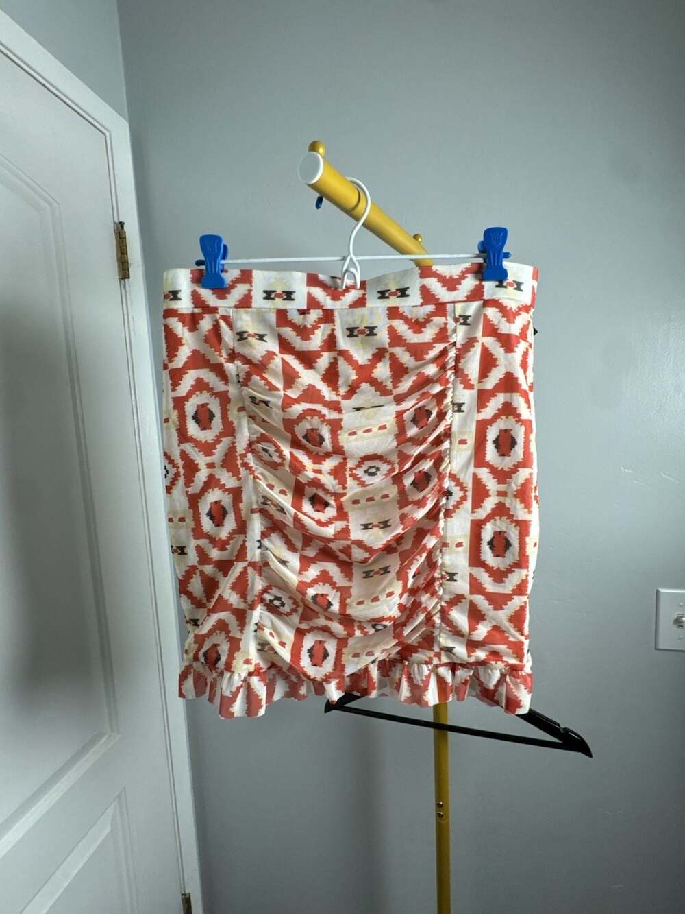 Free People Romi Mesh Ruched Mini Skirt with Ruffle Hem in Geometric Print